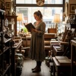 Kobieta w antykwariacie ogląda z namysłem starą, pięknie oprawioną książkę, podczas gdy jej przyjaciółka stoi obok. Półki wokół nich są wypełnione różnymi przedmiotami vintage, oddającymi poczucie historii i unikalności.