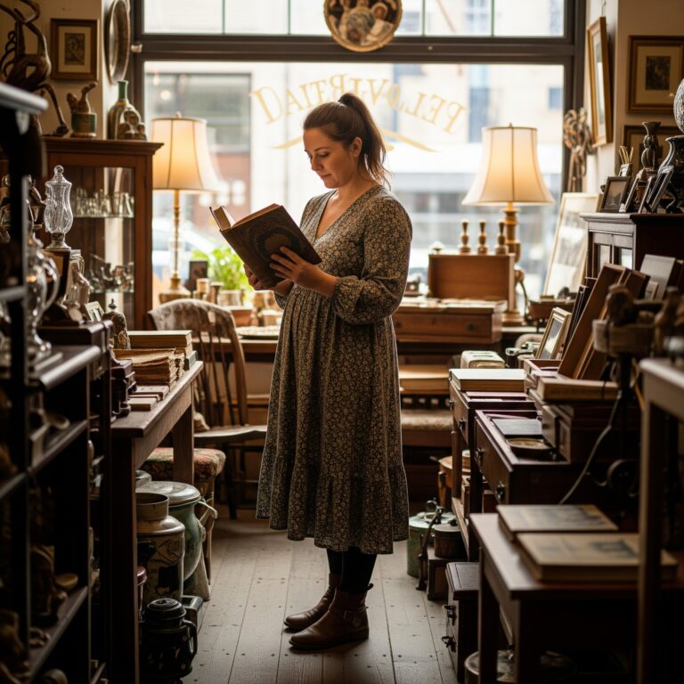 Kobieta w antykwariacie ogląda z namysłem starą, pięknie oprawioną książkę, podczas gdy jej przyjaciółka stoi obok. Półki wokół nich są wypełnione różnymi przedmiotami vintage, oddającymi poczucie historii i unikalności.