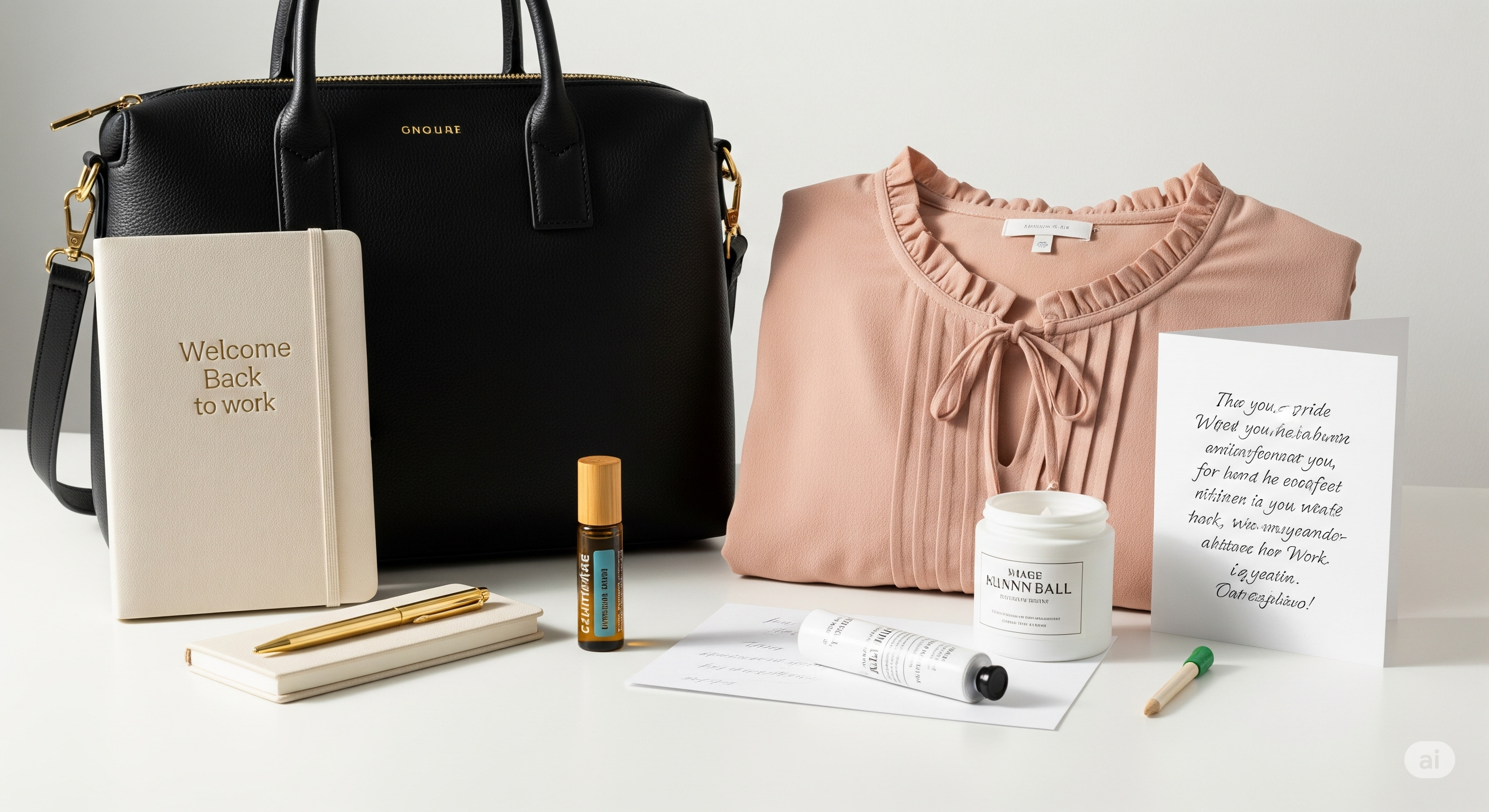 Zestaw przemyślanych prezentów wspierających kobietę wracającą do pracy po macierzyństwie, zawierający elegancką torbę, planer i kosmetyki, symbolizujące powrót do profesjonalnej roli.