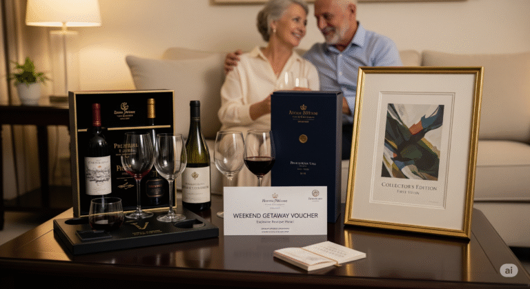 Luksusowe prezenty dla dojrzałych par, takie jak voucher na weekend w butikowym hotelu, zestaw do degustacji win i kolekcjonerskie dzieło sztuki, akcentujące jakość i wspólne doświadczenia.