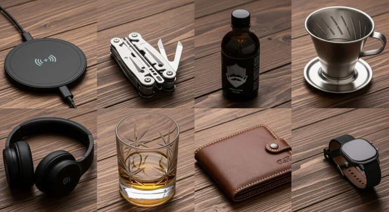 Zdjęcie z lotu ptaka prezentuje eleganckie męskie akcesoria ułożone na drewnianym tle.