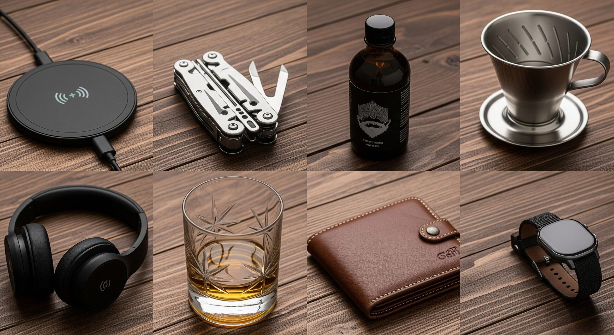 Zdjęcie z lotu ptaka prezentuje eleganckie męskie akcesoria ułożone na drewnianym tle.