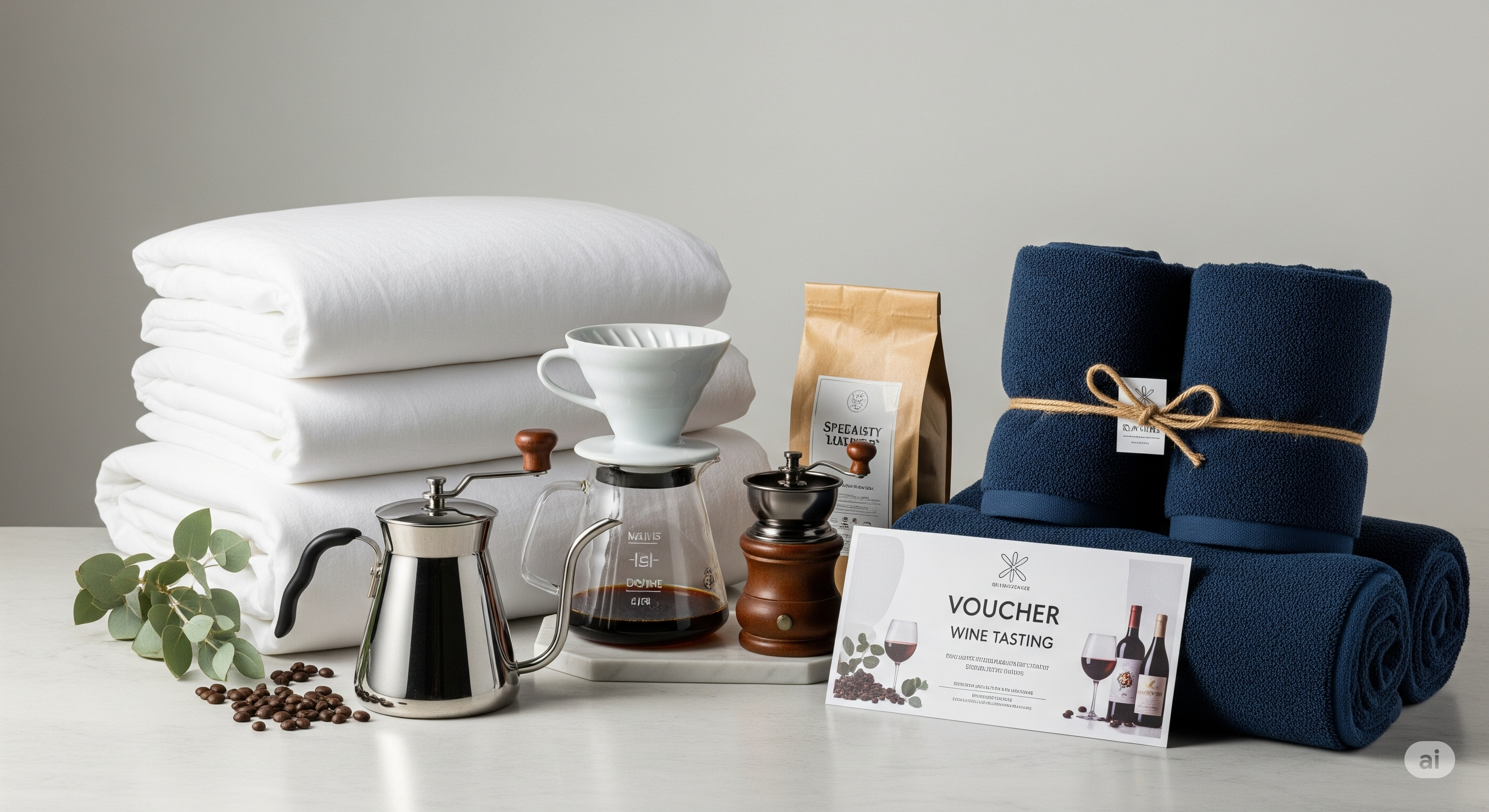 Wysokiej jakości prezenty dla par po trzydziestce, w tym ekskluzywna pościel, zestaw do parzenia kawy i vouchery na wspólne doświadczenia, symbolizujące jakość i komfort.