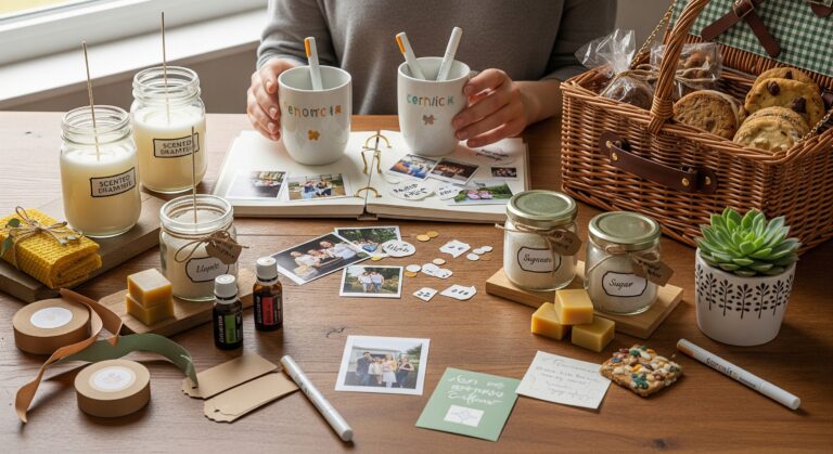 Zdjęcie z lotu ptaka ukazuje stół z różnymi projektami rękodzielniczymi, tworzącymi przytulną atmosferę DIY.