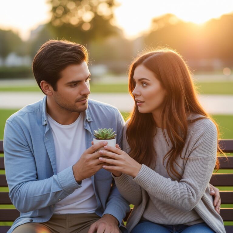 Para godząca się po kłótni; mężczyzna ofiarowuje kobiecie mały, przemyślany prezent, taki jak doniczkowa roślina, co symbolizuje szczerość i zrozumienie.
