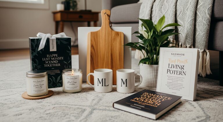 Praktyczne prezenty na pierwszy miesiąc wspólnego mieszkania: świeca, kubki, deska, roślina, książka i koc.