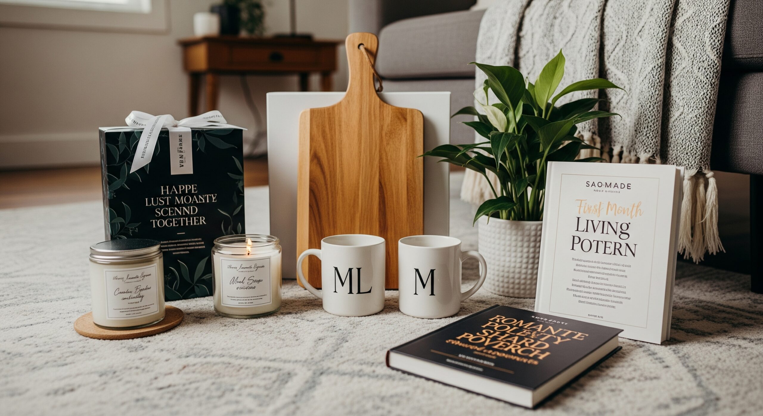 Praktyczne prezenty na pierwszy miesiąc wspólnego mieszkania: świeca, kubki, deska, roślina, książka i koc.