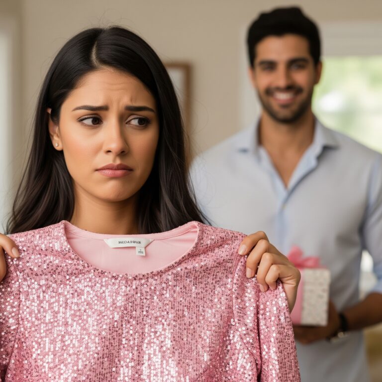 Zbliżenie na kobietę, która z trudem ukrywa rozczarowanie, trzymając w rękach różową bluzkę z cekinami; w tle uśmiechnięty partner.