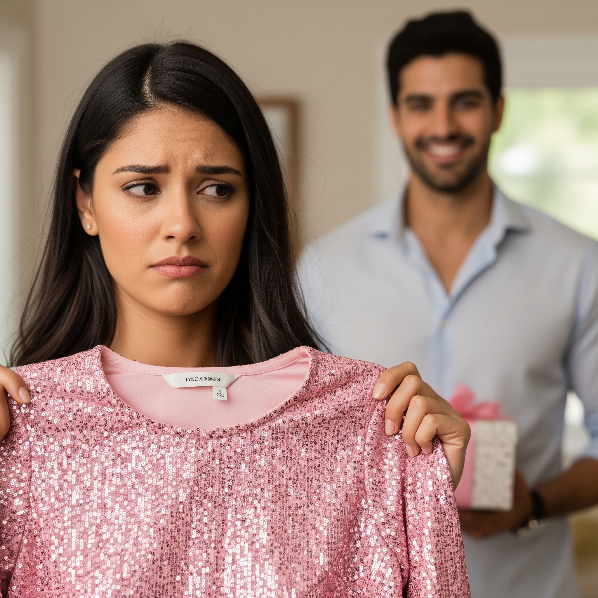 Zbliżenie na kobietę, która z trudem ukrywa rozczarowanie, trzymając w rękach różową bluzkę z cekinami; w tle uśmiechnięty partner.