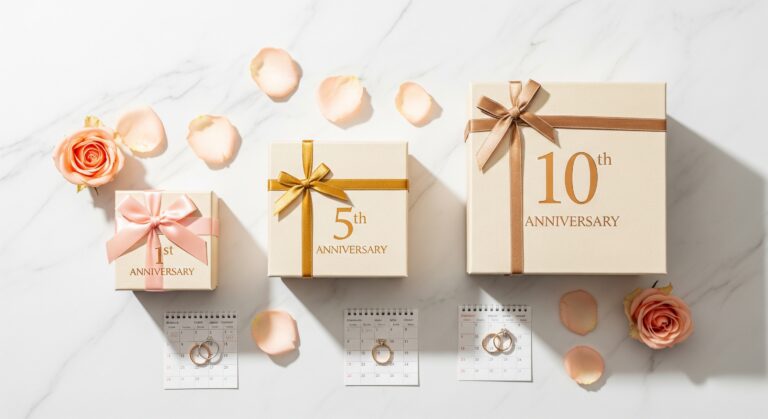 Zdjęcie z lotu ptaka przedstawia trzy eleganckie pudełka prezentowe symbolizujące różne rocznice, otoczone romantycznymi dodatkami na marmurowym tle