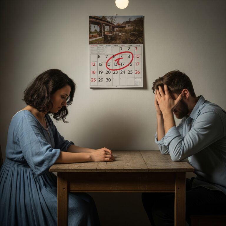 Kobieta siedzi przy stole, wyglądając na smutną i rozczarowaną, podczas gdy mężczyzna naprzeciwko niej trzyma się za głowę, zdezorientowany. W tle wisi kalendarz z zakreśloną datą