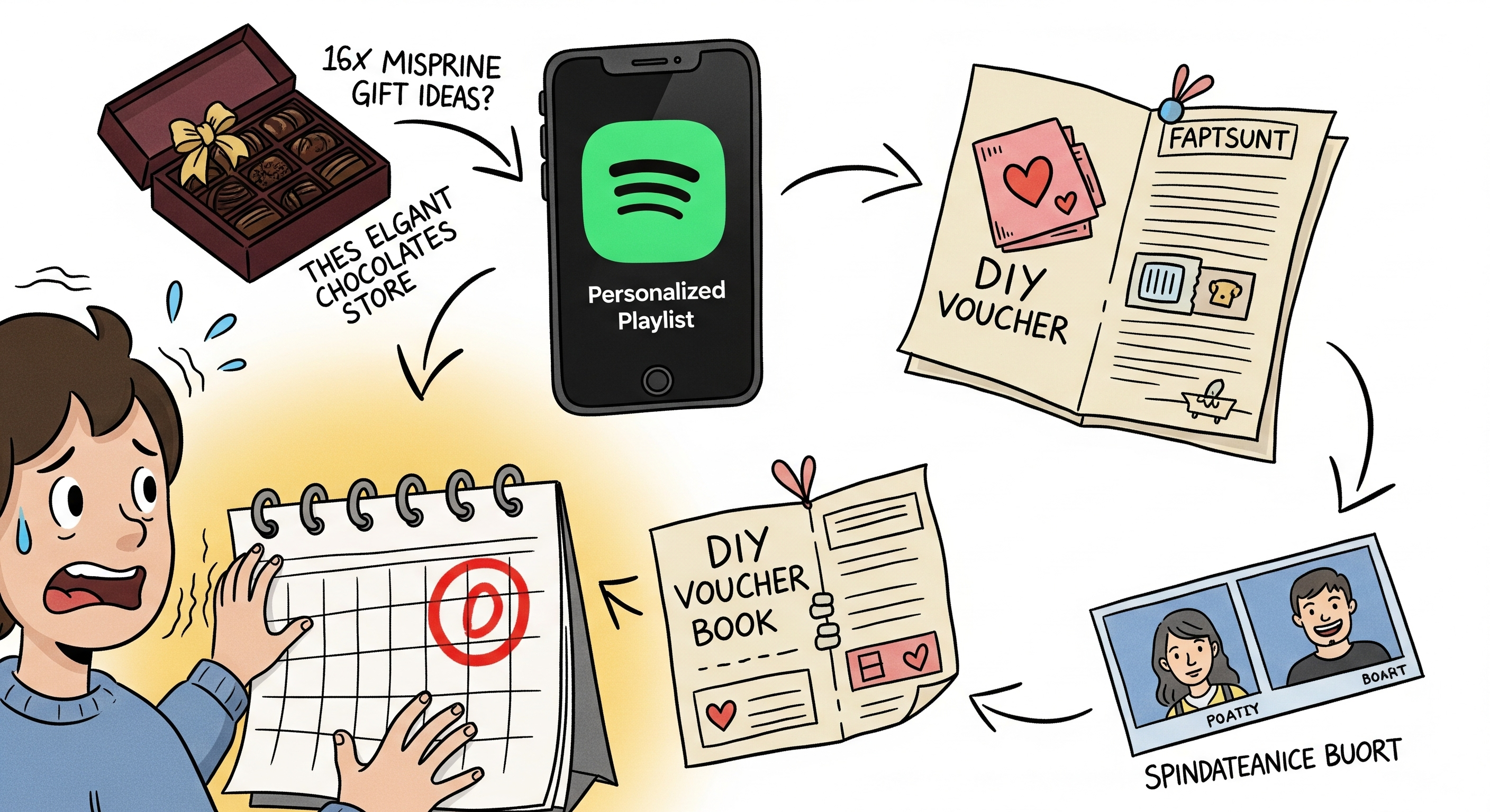 Ilustracja w stylu kreskówki przedstawiająca ręcznie robione prezenty idealne na zimowe wieczory, takie jak świeca sojowa, domowa mieszanka do gorącej czekolady i dziergany otulacz na kubek, oddające ciepło i kreatywność.