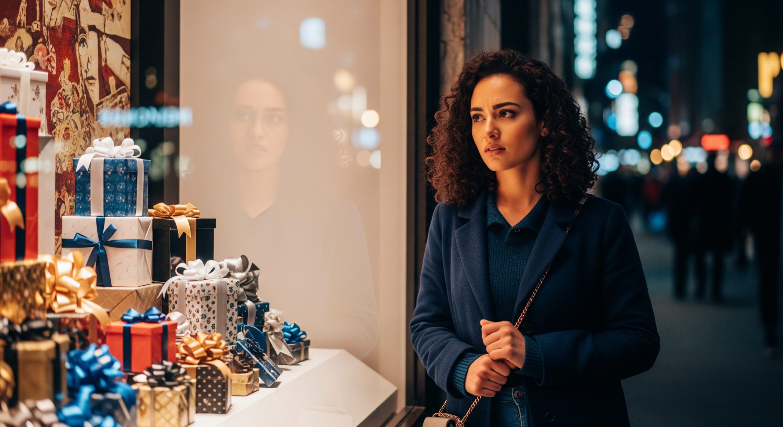 Kobieta zamyślona przed wystawą sklepu jubilerskiego z drogimi prezentami.