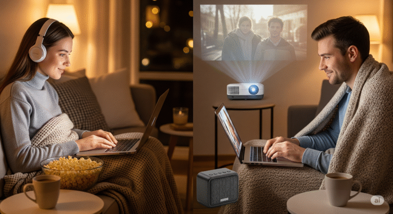 Przytulna scena przedstawiająca parę oglądającą film razem na odległość, z laptopami, słuchawkami i przekąskami, symbolizująca wspólne doświadczenia dzięki technologii.