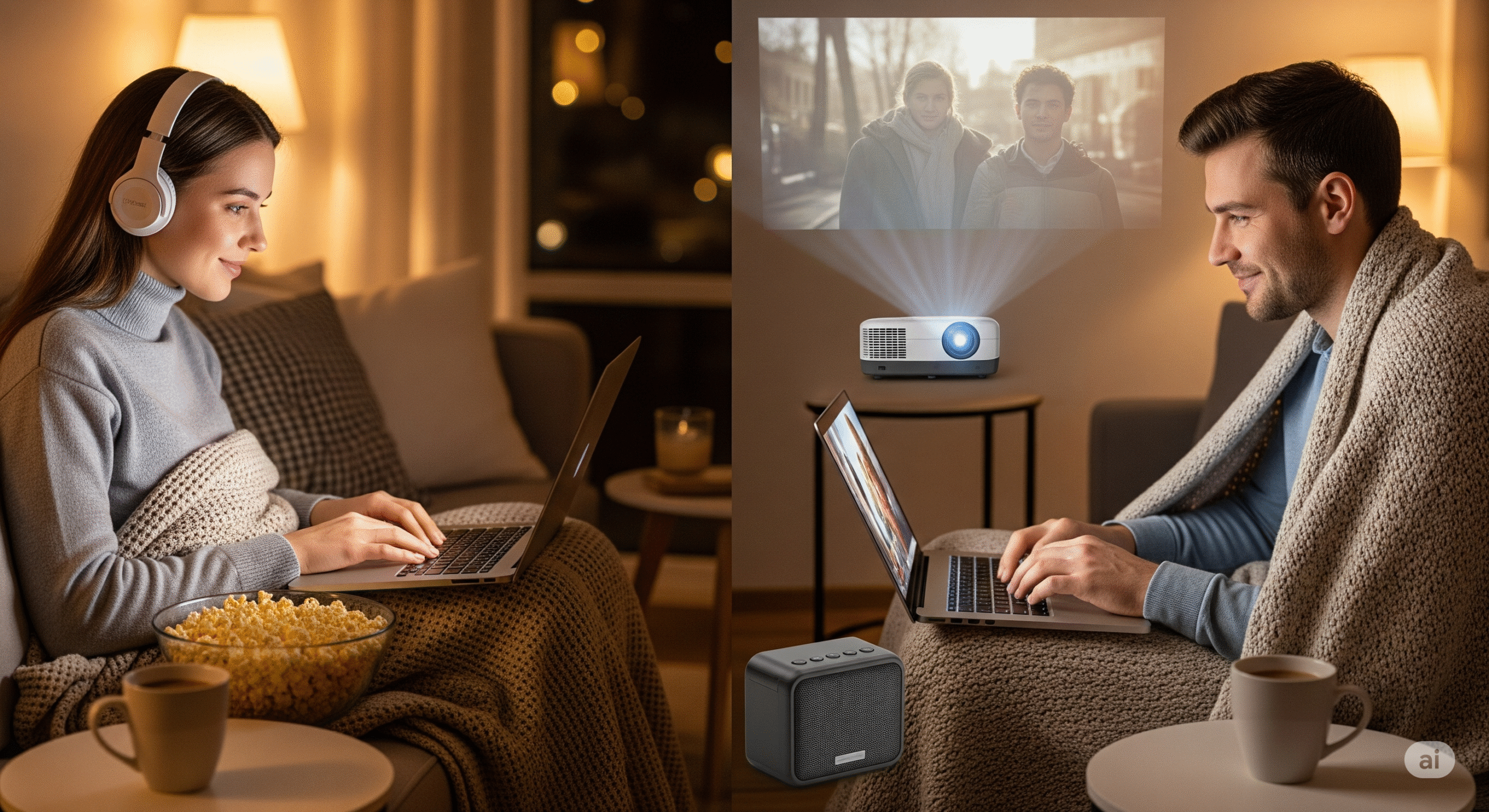 Przytulna scena przedstawiająca parę oglądającą film razem na odległość, z laptopami, słuchawkami i przekąskami, symbolizująca wspólne doświadczenia dzięki technologii.