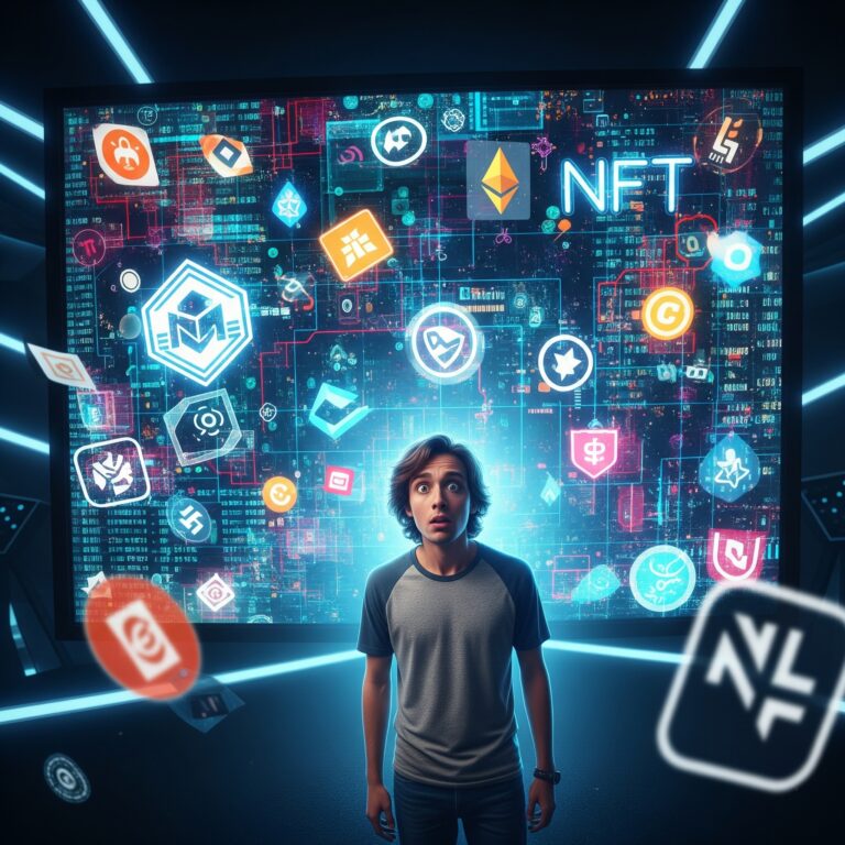 Osoba patrzy na duży ekran wyświetlający różnorodne NFT i symbole kryptowalut, wyglądając na zdezorientowaną i przytłoczoną. Scena ma nieco futurystyczny i chaotyczny charakter.