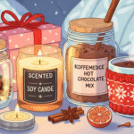 Ilustracja w stylu kreskówki przedstawiająca ręcznie robione prezenty idealne na zimowe wieczory, takie jak świeca sojowa, domowa mieszanka do gorącej czekolady i dziergany otulacz na kubek, oddające ciepło i kreatywność.