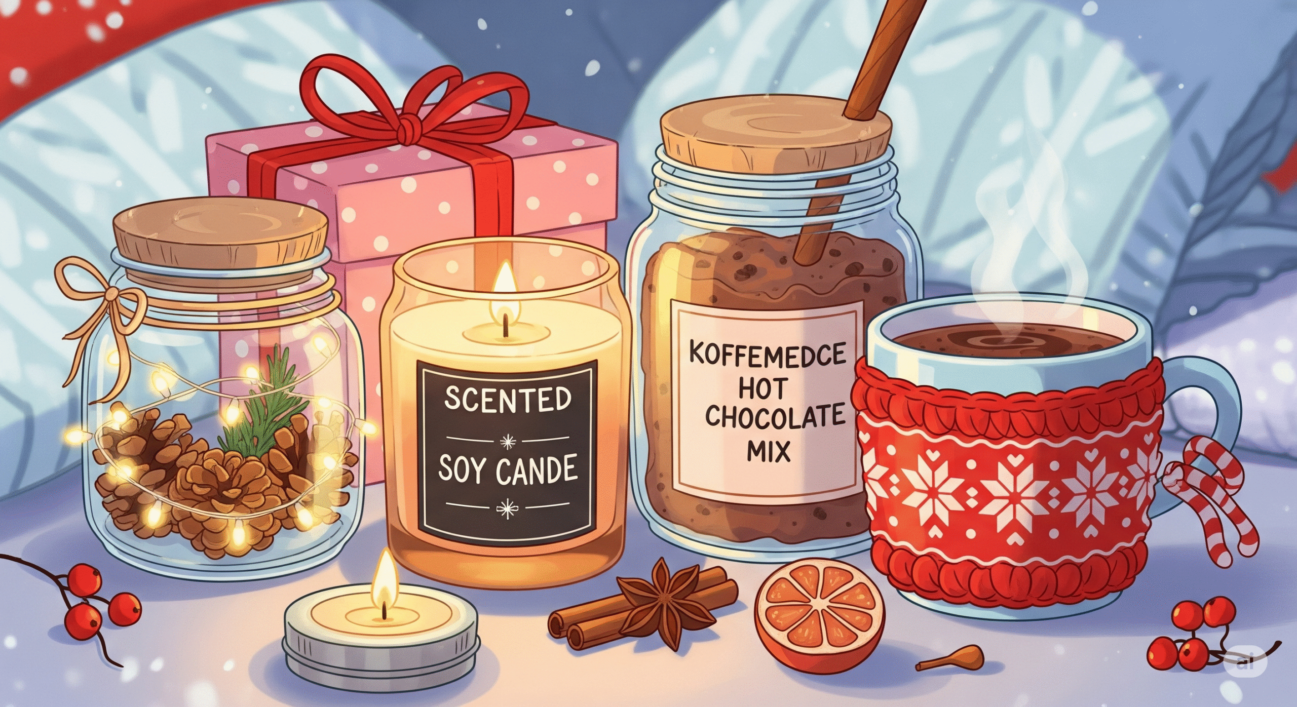 Ilustracja w stylu kreskówki przedstawiająca ręcznie robione prezenty idealne na zimowe wieczory, takie jak świeca sojowa, domowa mieszanka do gorącej czekolady i dziergany otulacz na kubek, oddające ciepło i kreatywność.