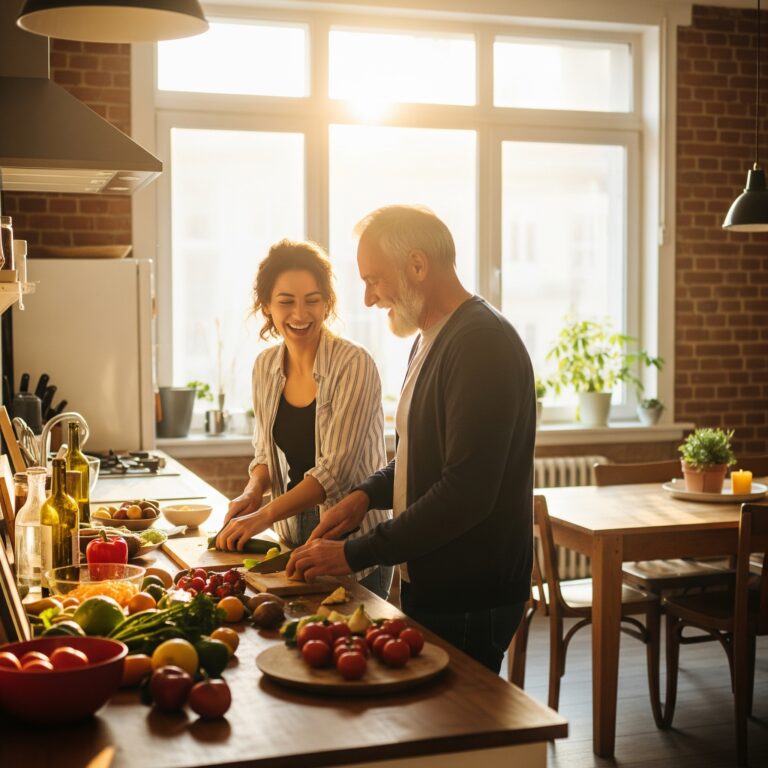 Dwie osoby, młoda kobieta i starszy mężczyzna, wspólnie gotują w słonecznej kuchni, śmiejąc się i krojąc warzywa na drewnianym blacie.